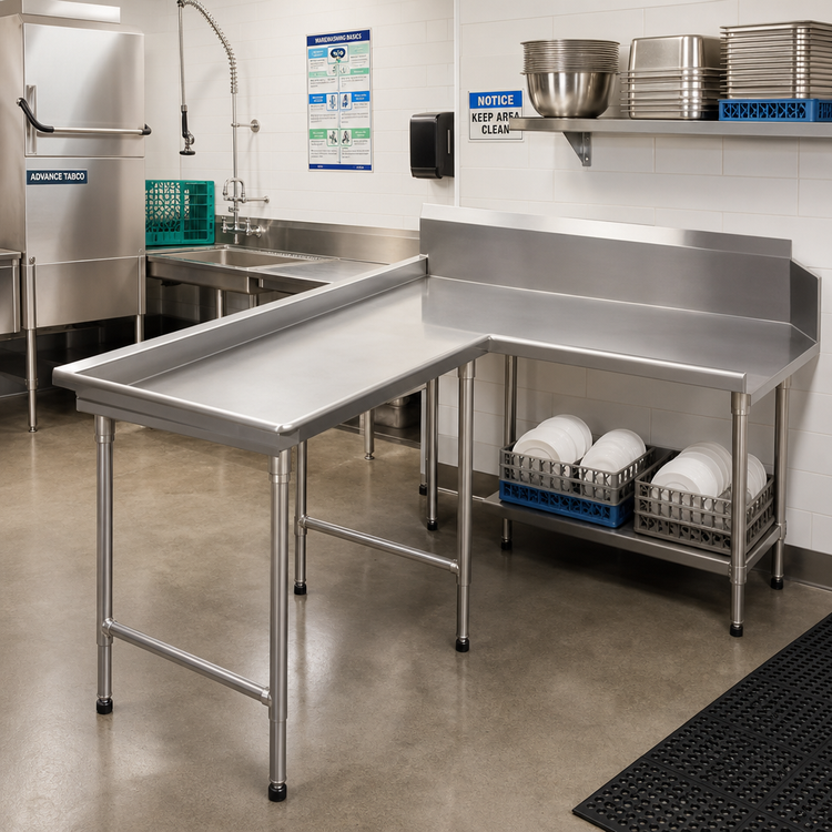 Product image #2 for Advance Tabco Island-Style L-Shaped Dish Table, 95 Inch, 304 Stainless Steel