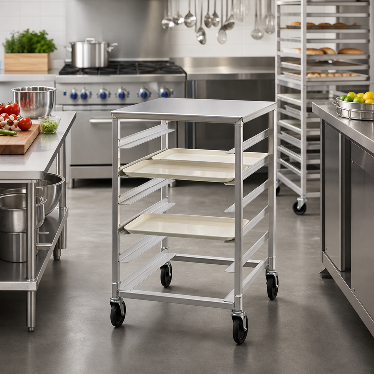 Product image #2 for New Age Half-Height Mobile Side-Loading Double-Deep Tray Rack for 12 15 x 20 Inch Trays with Stainless Steel Top