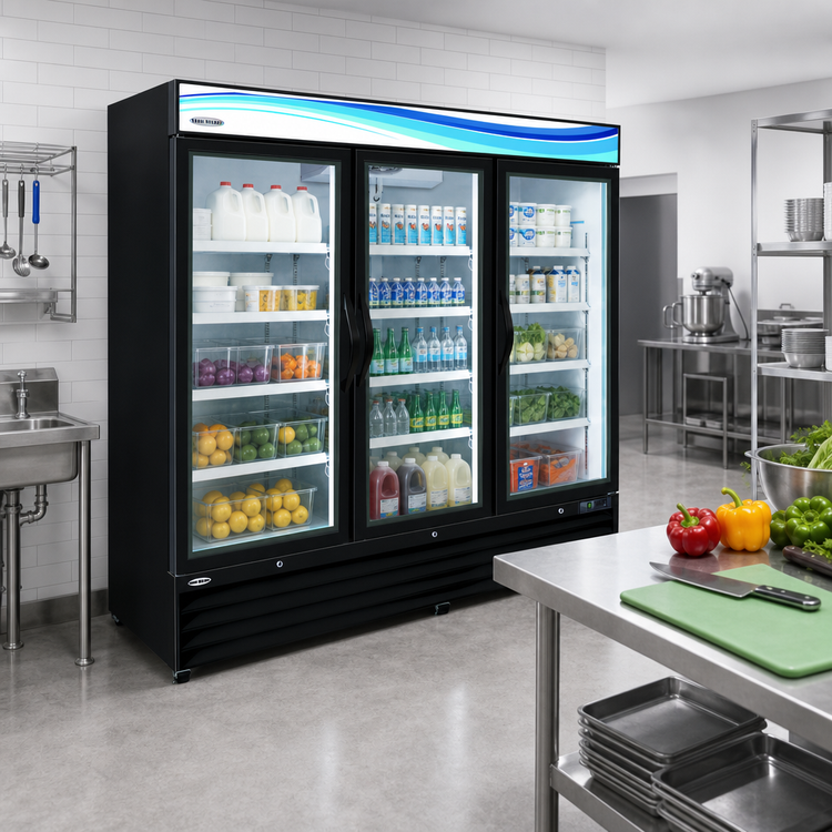 Product image #2 for Serv-Ware Three-Door Glass Door Merchandiser Refrigerator, 72 Cu. Ft., Black