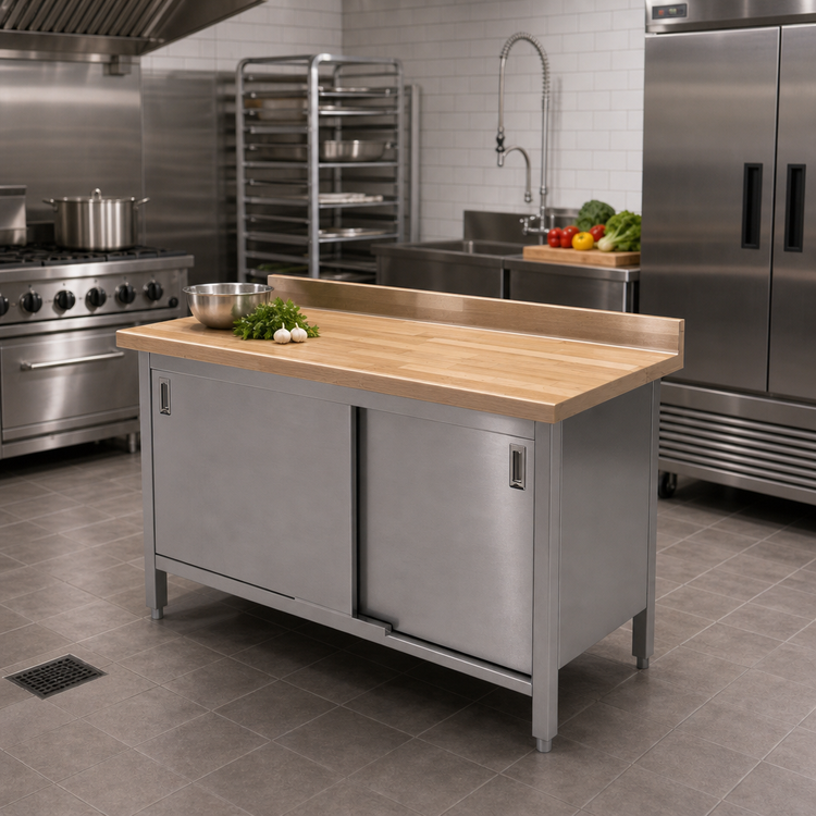 Product image #2 for John Boos 60 x 30 Inch Laminated Northern Hard Rock Maple Wood Top Work Table with Cabinet Base and Sliding Doors
