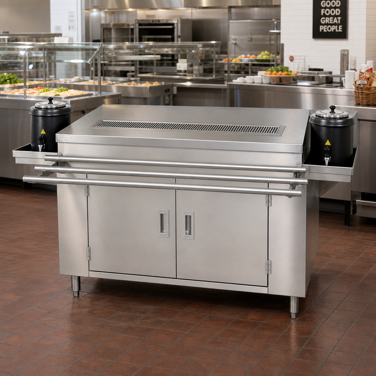 Product image #2 for BK Resources Enclosed Cabinet Base Self-Serve Counter with Hinged Doors and Tray-Side Urn Trough, 72 Inch x 30 Inch