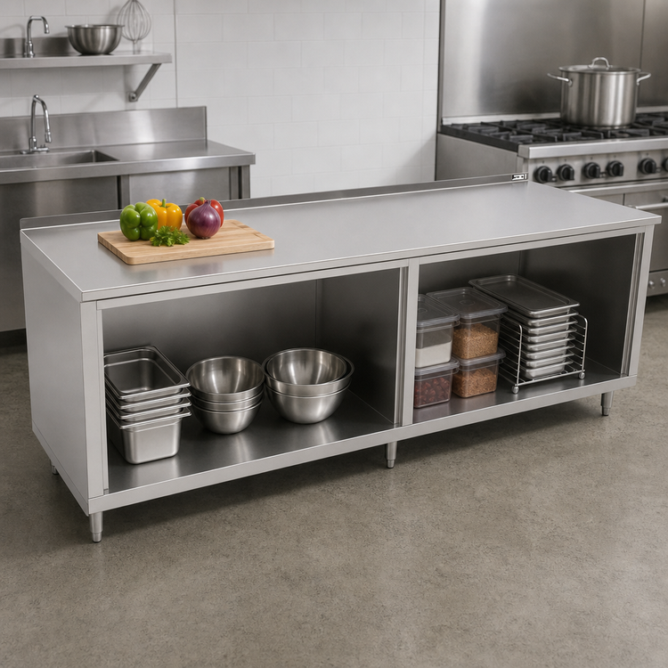 Product image #2 for John Boos 96 x 36-Inch Open Front Cabinet Base Work Table with 14-Gauge Stainless Steel Top and 1-1/2-Inch Rear Riser