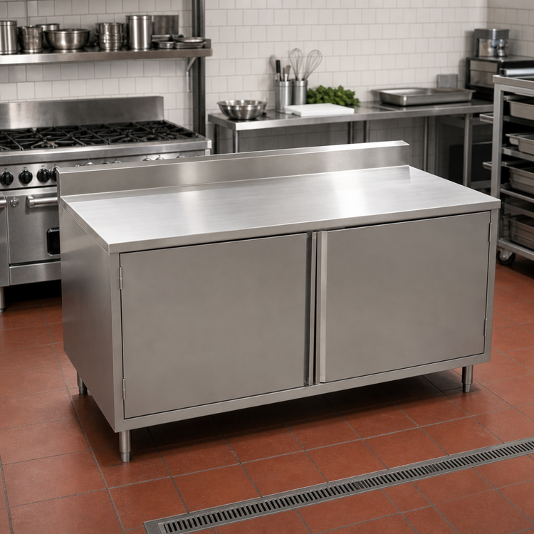 Product image #2 for BK Resources 72-Inch x 30-Inch Stainless Steel Enclosed Work Table with Hinged Doors and 5-Inch Backsplash