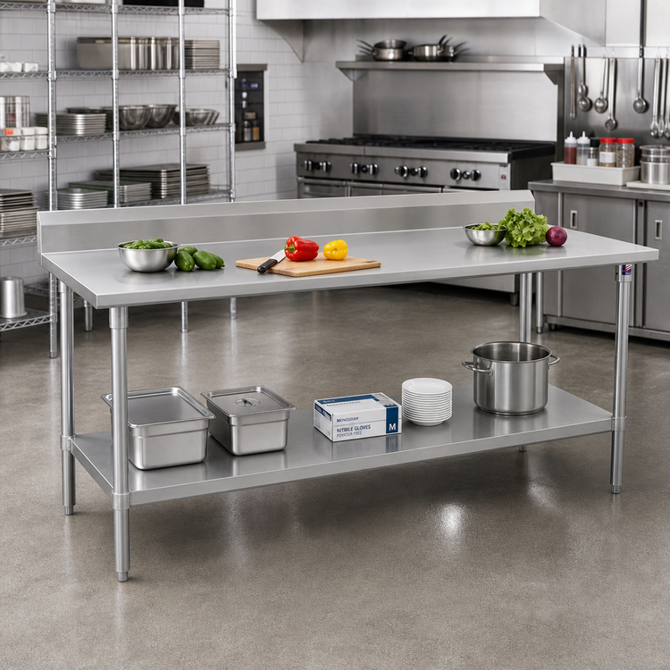 Product image #2 for John Boos Stallion 108-Inch Wide x 24-Inch Deep Stainless Steel Work Table with 5-Inch Backsplash and Adjustable Undershelf