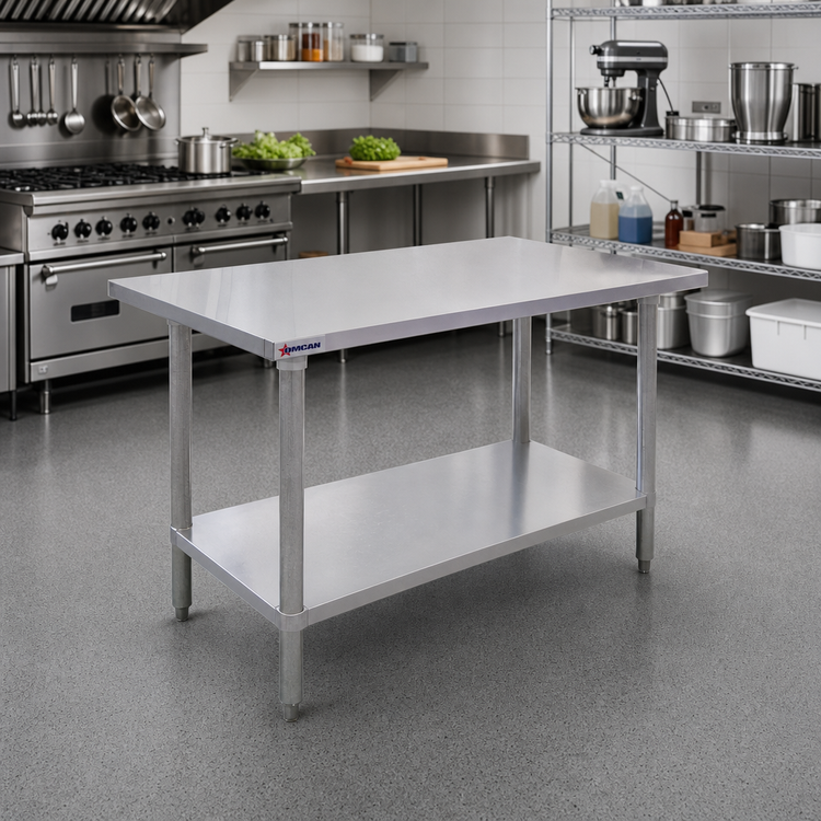 Product image #2 for Omcan Elite Series 30 x 30 Inch 18 Gauge 430 Stainless Steel Flat Top Work Table with Galvanized Undershelf