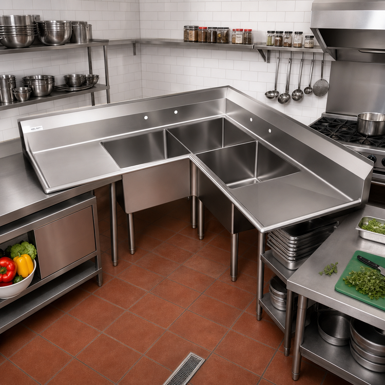 Product image #2 for Corner 3-Compartment 18-Gauge 304 Stainless Steel Sink with 2 Drainboards, 57 x 57 Inches