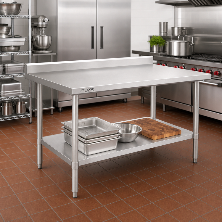Product image #2 for John Boos Stallion Economy 48" x 30" Stainless Steel Work Table with 5" Backsplash and Undershelf