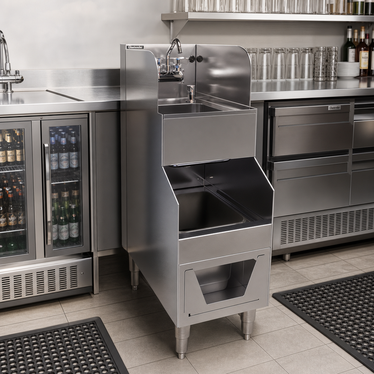 Product image #2 for Glastender FS12 12-Inch Underbar Hand & Wet Waste Sink with Dual Bowls, Soap Dispenser & Paper Towel Dispenser