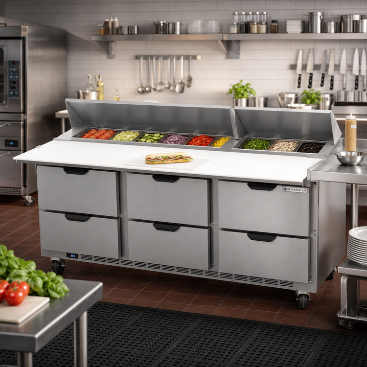 Product image #3 for Beverage-Air 72-Inch Three-Section Sandwich Prep Table with 6 Drawers and 18-Pan Top