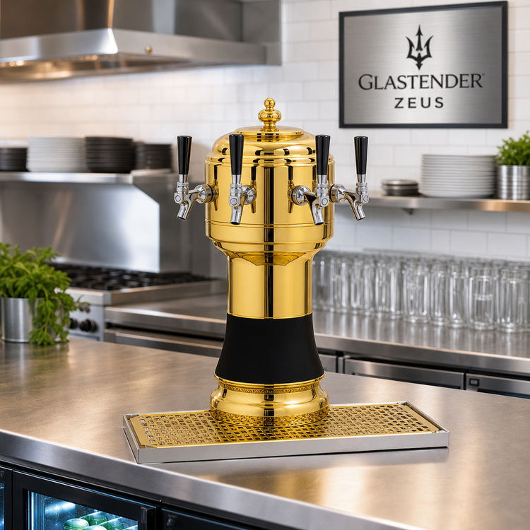 Product image #2 for Glastender Zeus 4-Faucet Glycol-Cooled Countertop Draft Dispensing Tower, Polished Brass Finish