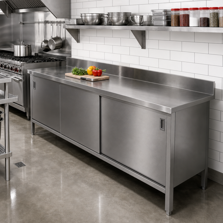 Product image #2 for John Boos Enclosed Stainless Steel Work Table with Hinged-Door Cabinet Base, 132 x 30 Inches, 14-Gauge 300 Series Top, 5-Inch Backsplash