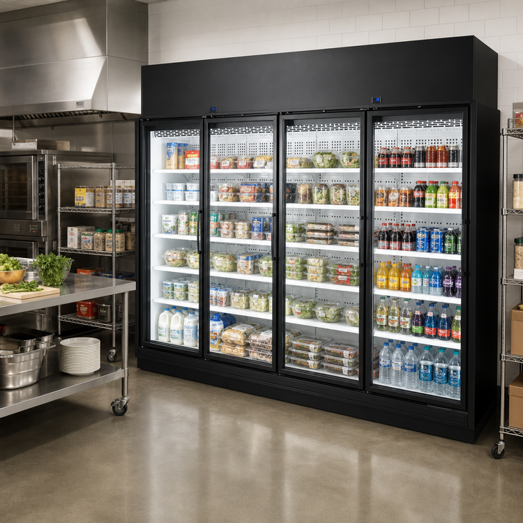 Product image #2 for True 4-Section Medium-Temperature Self-Contained Glass Door Merchandiser, Black Exterior / White Interior
