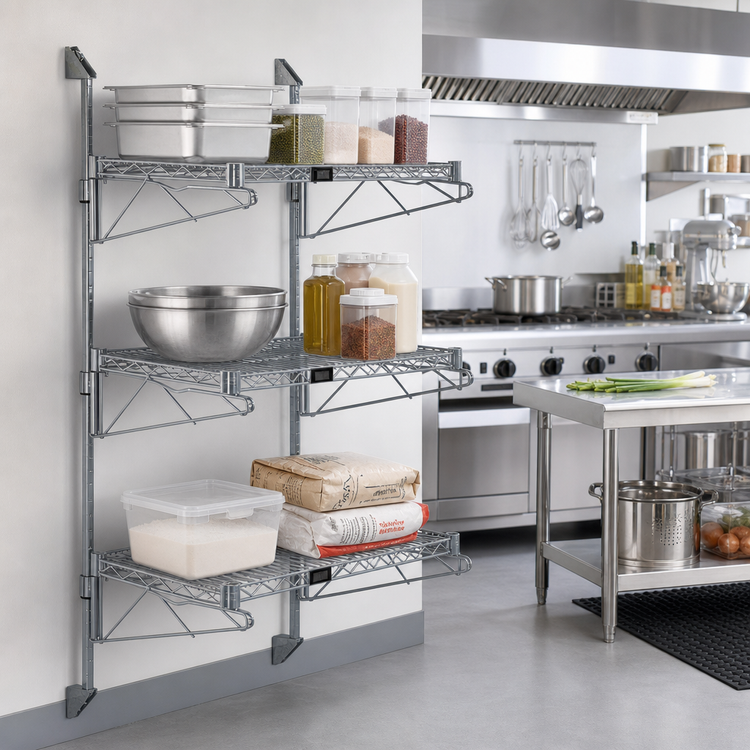 Product image #2 for Quantum Wall-Mounted Cantilever Wire Shelf Starter Unit with 3 Shelves, Gray Epoxy Finish