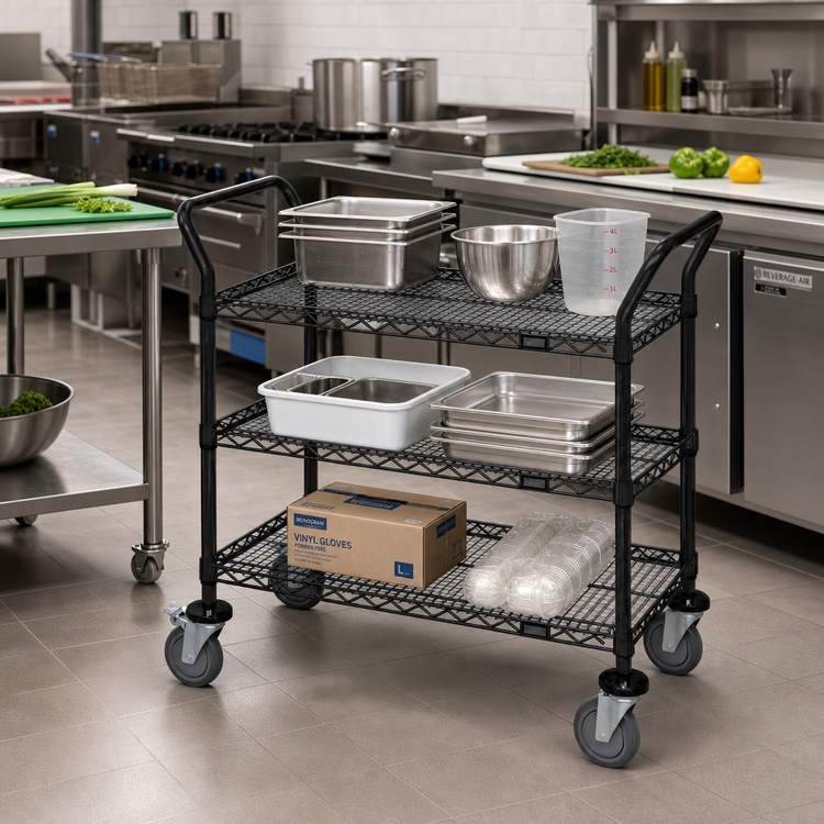 Product image #2 for Quantum 48 x 24 x 37-1/2 in. Black Epoxy 3-Shelf Wire Utility Bus Cart