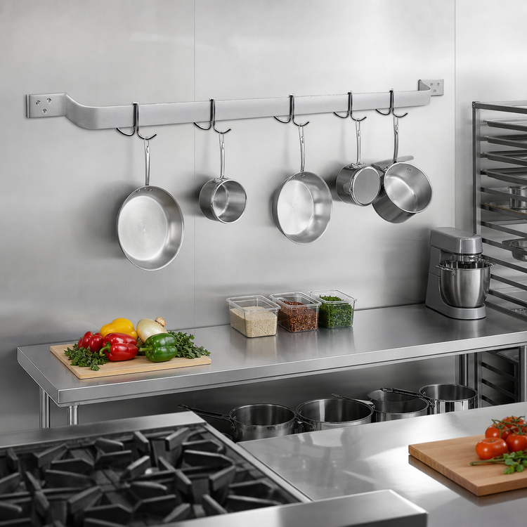 Product image #2 for Eagle Group 96-Inch Aluminum Single-Bar Wall-Mount Pot Rack with 8 Double-Prong Hooks