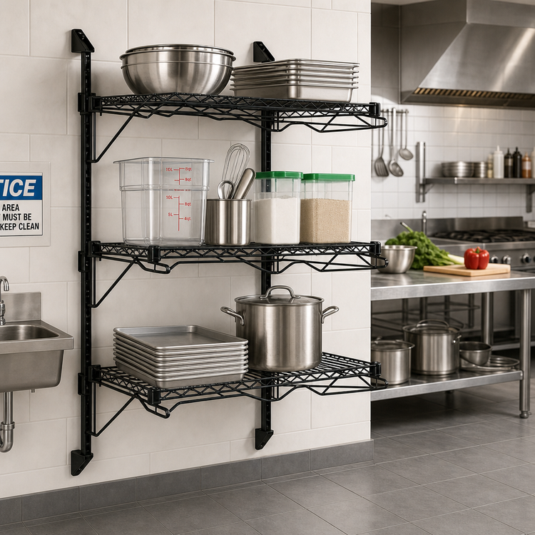 Product image #2 for Quantum Wall-Mounted Cantilever Shelving Starter Unit with 3 Wire Shelves, 54-Inch Posts and 21-Inch Cantilevers