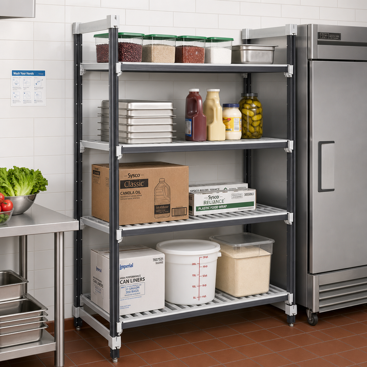 Product image #2 for Cambro Camshelving Elements XTRA 4-Tier Stationary Starter Unit, 18 x 54 x 72 Inches, Vented, Speckled Gray
