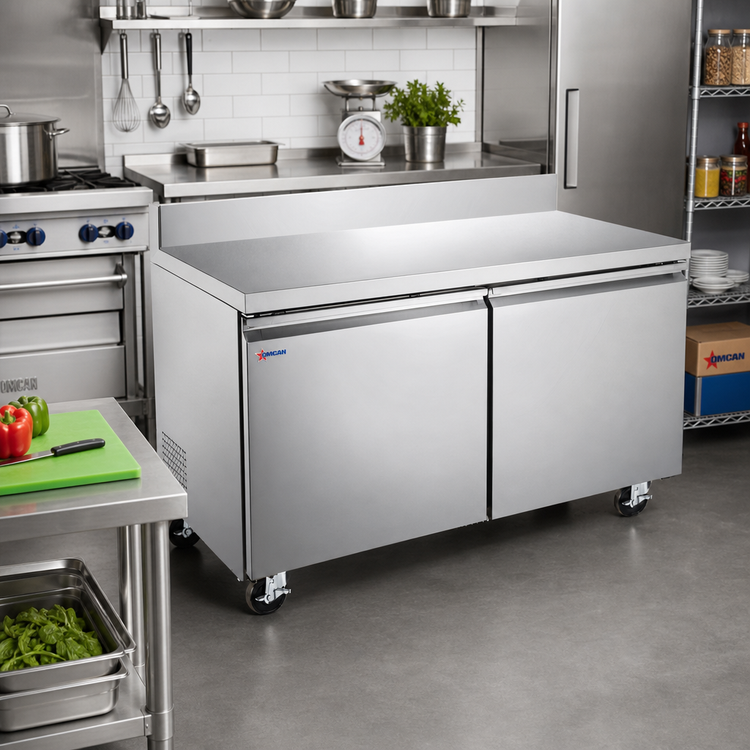 Product image #2 for Omcan 47-Inch Two-Section 2-Door Worktop Refrigerator with Backsplash, 11 Cu. Ft.