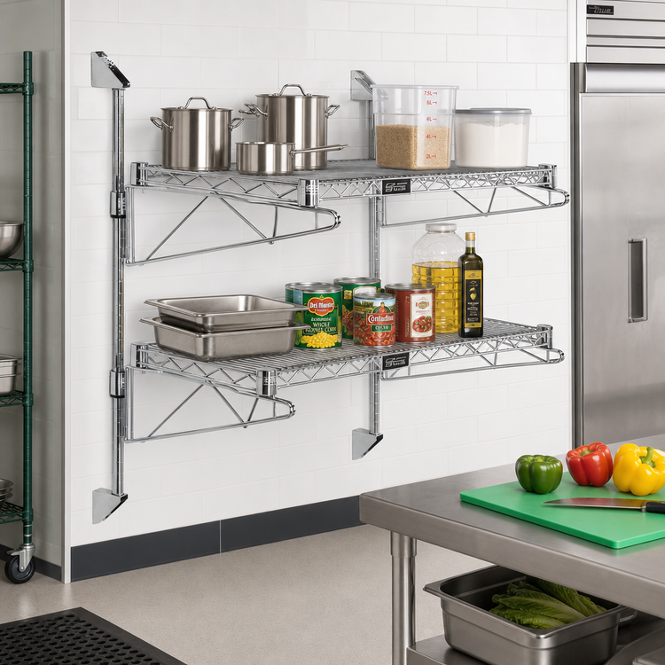 Product image #2 for Quantum Wall-Mounted Cantilever Double Shelf Wire Shelving Unit, 72W x 21D, Chrome Plated