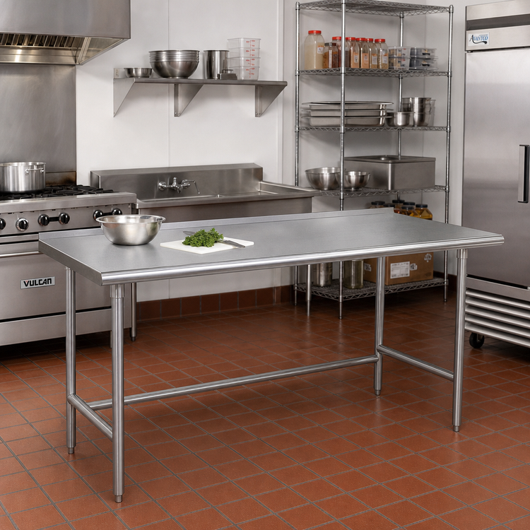 Product image #2 for Advance Tabco 84-Inch x 30-Inch 16-Gauge 304 Stainless Steel Work Table with 1-1/2-Inch Rear Up-Turn and Galvanized Open Base