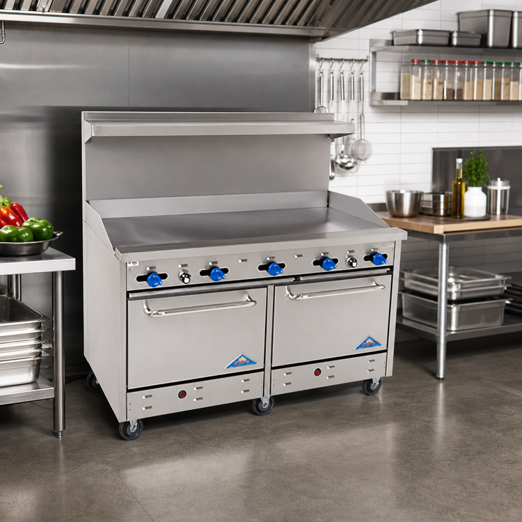 Product image #2 for Comstock-Castle 60-Inch Commercial Gas Range with 3/4-Inch Griddle, 2 Standard Ovens and Back Riser High Shelf