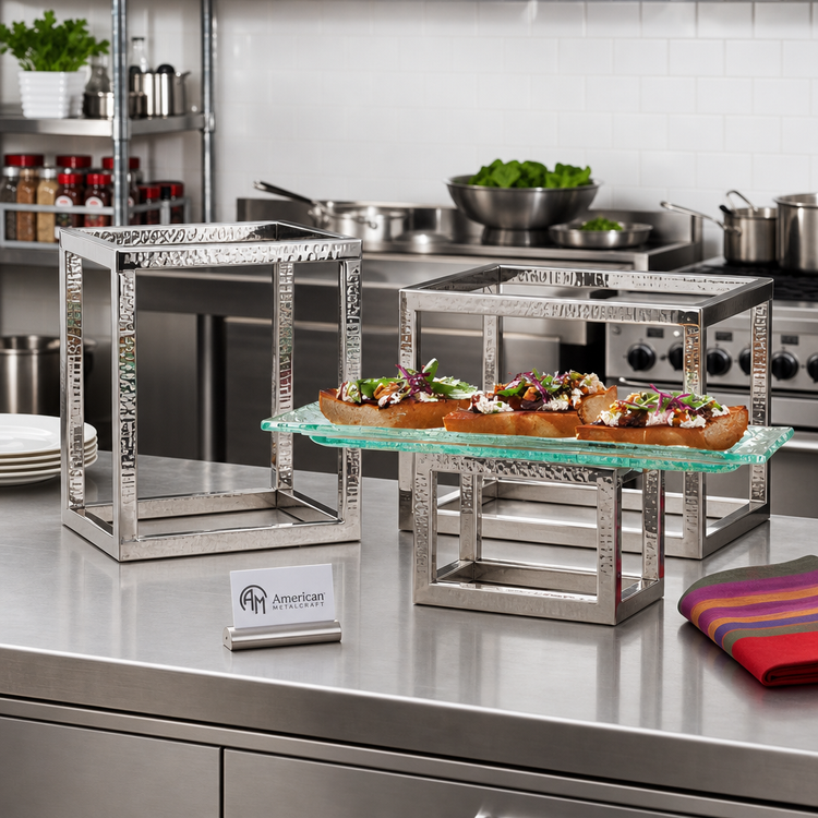 Product image #2 for American Metalcraft Hammered Stainless Steel Open Frame Rectangular Buffet Riser Set, 3-Piece