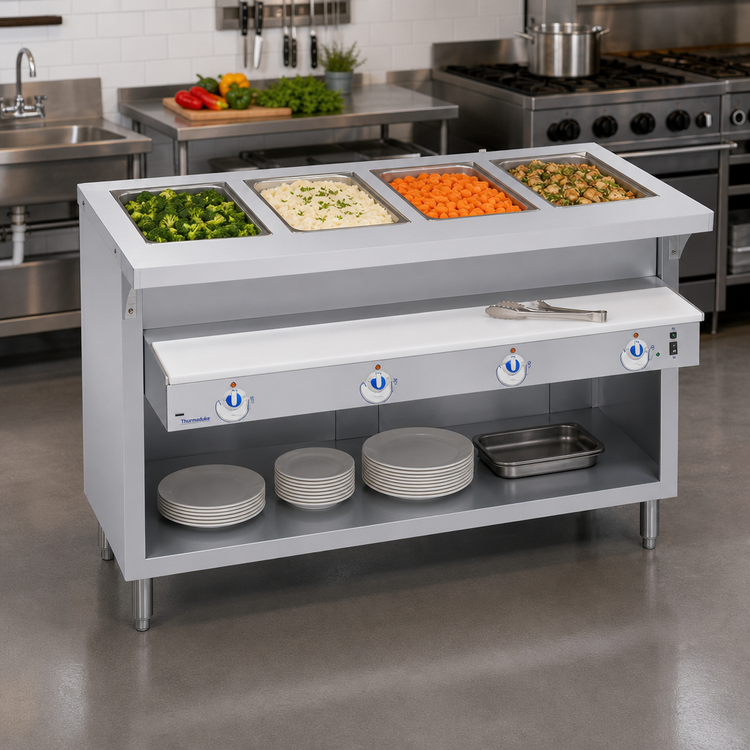 Product image #2 for Thurmaduke E-4-DLSS Electric 4-Pan Sealed Well Steamtable Unit with Cutting Board and Dish Shelf