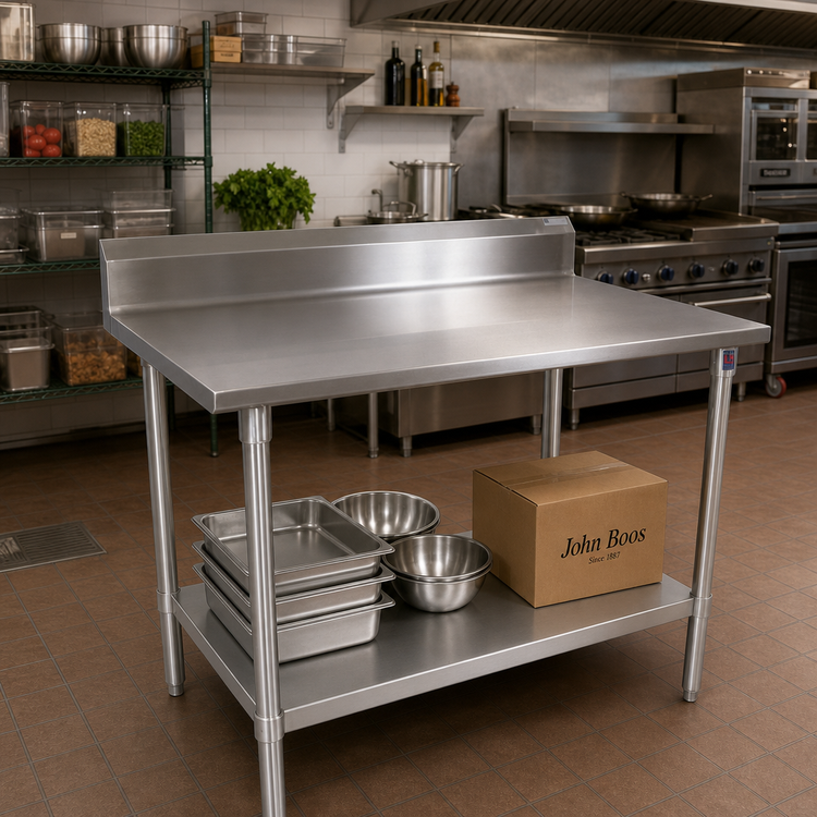 Product image #2 for John Boos Stallion 84 x 30 Inch Stainless Steel Top Work Table with 5 Inch Backsplash and Galvanized Undershelf