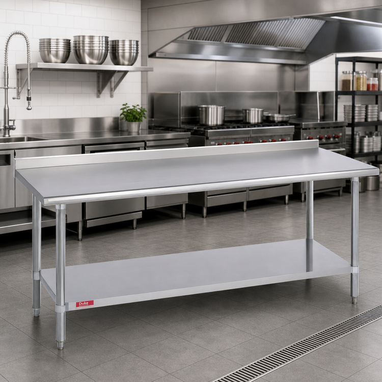 Product image #2 for Duke Stainless Steel Work Table with 1-1/8-Inch Riser and Stainless Undershelf, 144-Inch Long x 36-Inch Deep