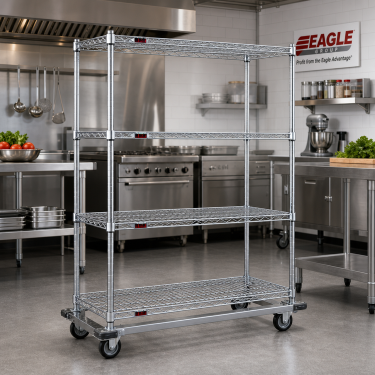 Product image #2 for Eagle Group Chrome 4-Tier 36 x 24 Inch Wire Shelving Dolly Truck with 5-Inch Swivel Casters