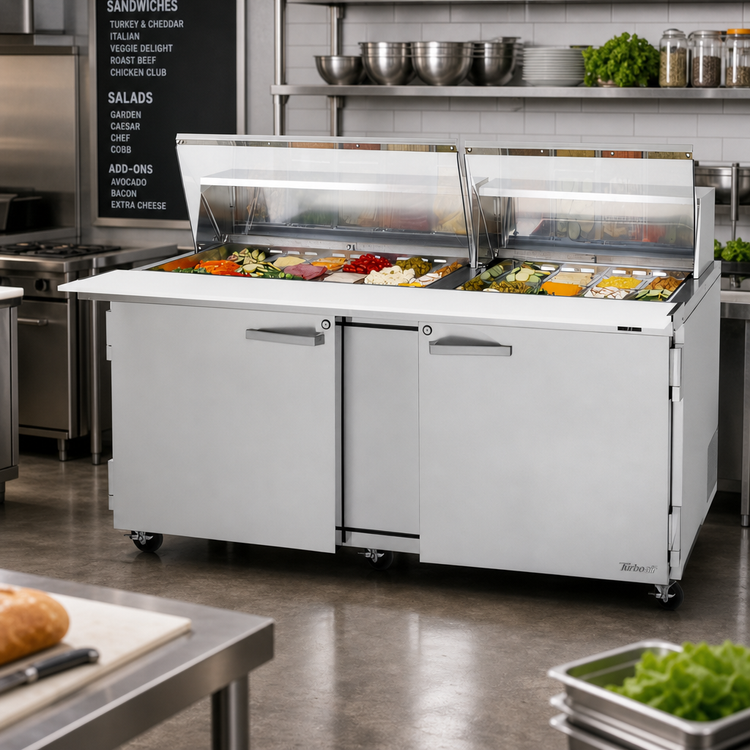 Product image #2 for Turbo Air PRO Series 72-5/8-Inch Mega Top Sandwich/Salad Prep Table with Clear Lid, 2-Section, 30-Pan, Rear-Mounted Self-Contained Refrigeration