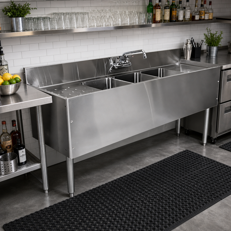 Product image #2 for CHOICE by Glastender C-TSB-96 Three-Compartment Underbar Sink Unit with Left and Right Drainboards, 96" W x 24" D