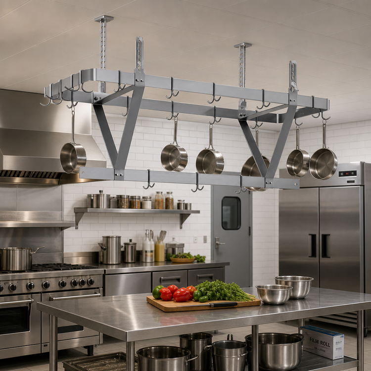 Product image #2 for Eagle Group Ceiling-Mounted Triple-Bar Stainless Steel Pot Rack with 12 Hooks