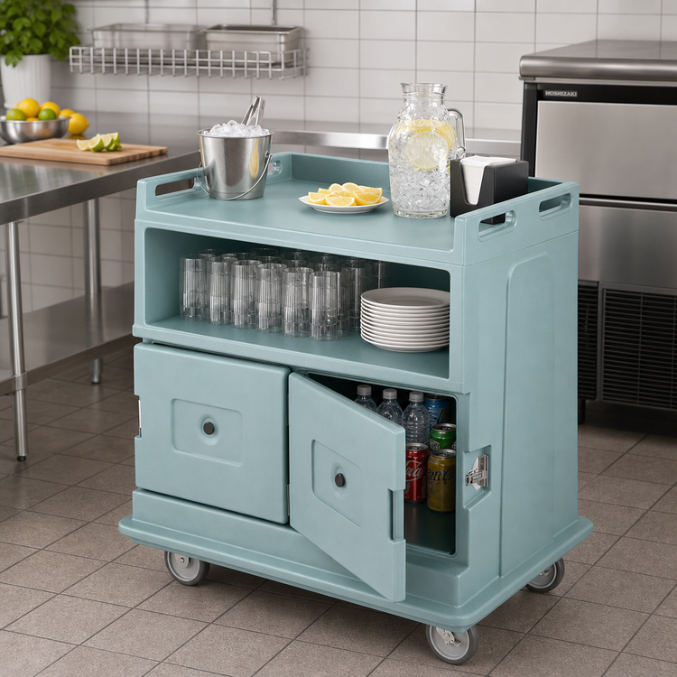 Product image #3 for Cambro Flat Top Beverage Service Cart with 2 Insulated Compartments and Solid Undershelf, 44.5 x 30 x 44 Inches