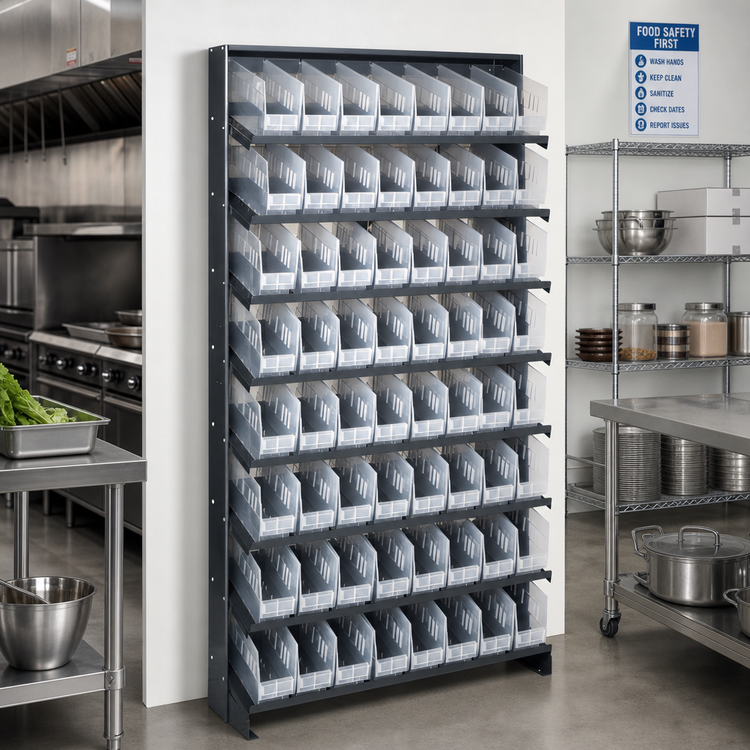 Product image #2 for Quantum Sloped Single-Sided Steel Pick Rack with 8 Shelves and 64 Clear Bins