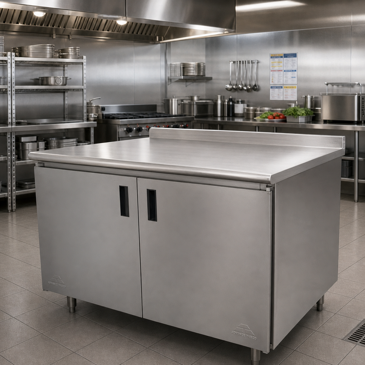 Product image #2 for Advance Tabco 84-Inch Enclosed Work Table with Cabinet Base, Mid-Shelf, Hinged Doors, and 304 Stainless Steel Top