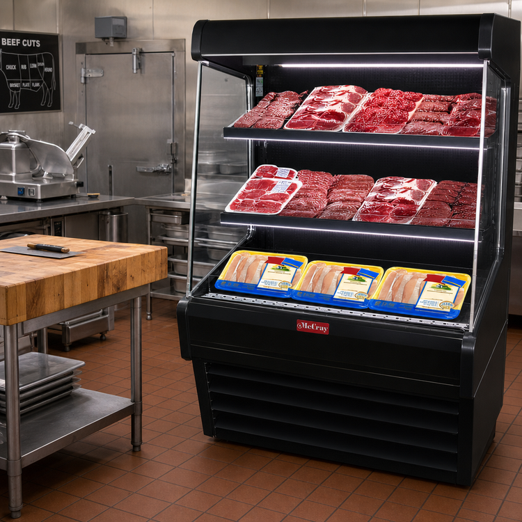 Product image #2 for Howard-McCray Ovation Series 75-Inch Remote Vertical Meat Open Merchandiser with LED Lighted Shelves, Black