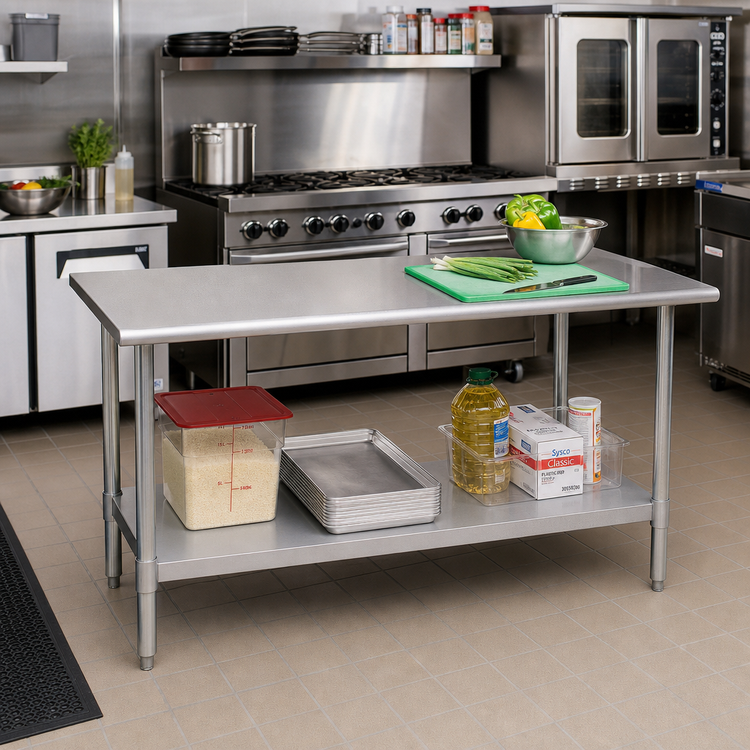 Product image #2 for Advance Tabco Special Value Series 72-Inch x 18-Inch 18-Gauge 430 Stainless Steel Work Table with Adjustable Undershelf