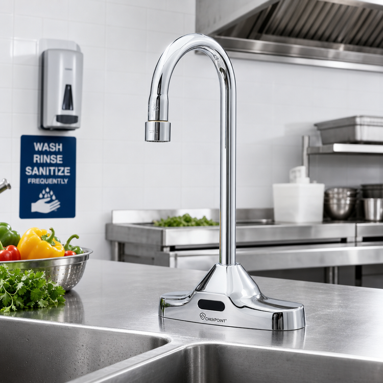 Product image #2 for ChekPoint Electronic Touchless Deck-Mount Faucet with 4-Inch Centers, 4-1/8-Inch Gooseneck Spout, and 0.5 GPM Spray Device