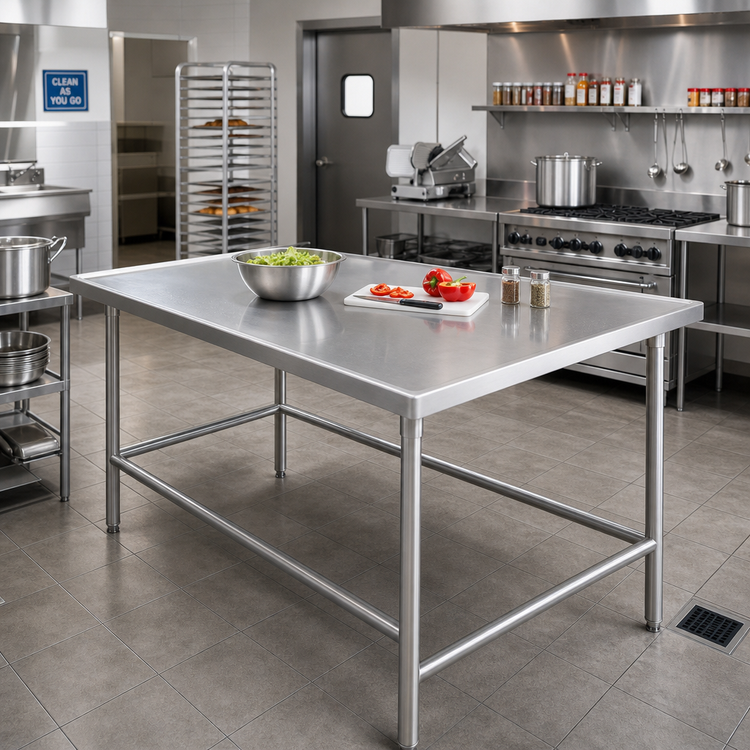 Product image #2 for Advance Tabco 72 x 48-Inch 14-Gauge 304 Stainless Steel Open Base Work Table with No-Drip Countertop Edge