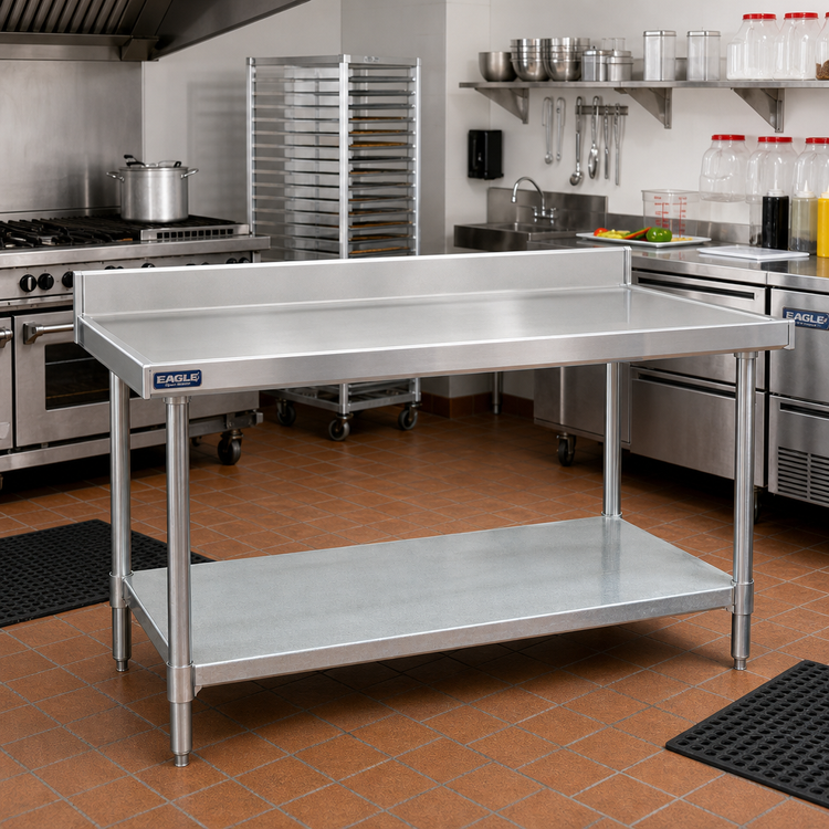 Product image #2 for Eagle Spec-Master Marine Series Stainless Steel Work Table, 120"W x 30"D, 4-1/2" Backsplash, Galvanized Base and Undershelf