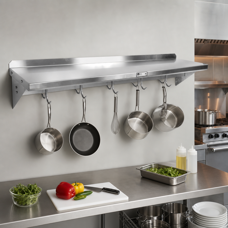 Product image #2 for John Boos Stallion 84-Inch Wall-Mount Stainless Steel Pot Rack Shelf with 7 Hooks