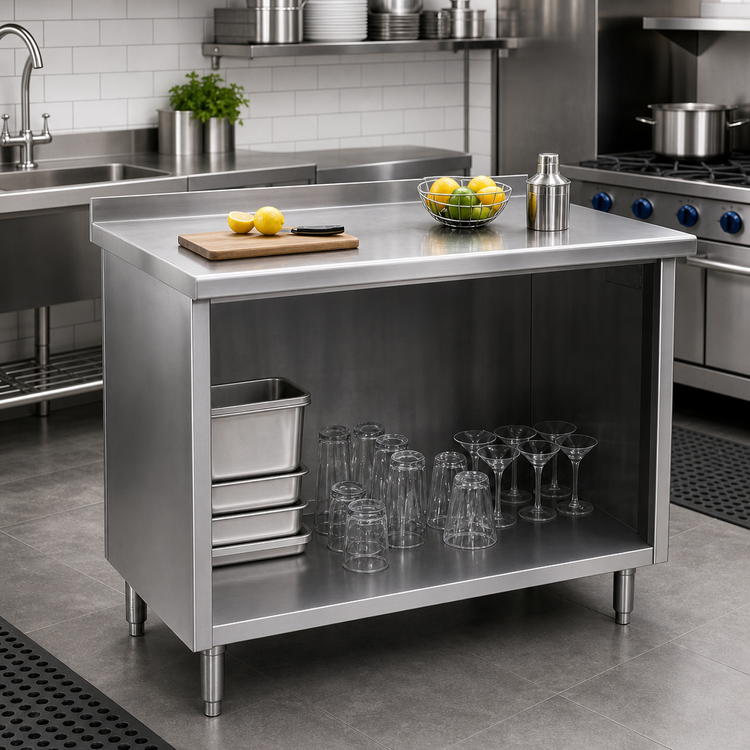 Product image #2 for Spec-Master Underbar Open Front Cabinet Base Work Table, 72 x 24 Inches, 14-Gauge 304 Stainless Steel Top, 1-1/2 Inch Rear Up-Turn