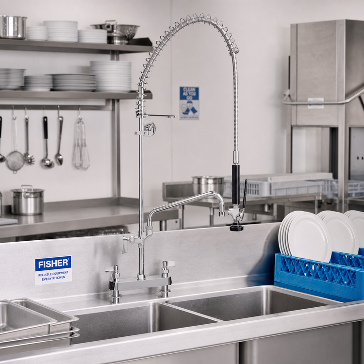 Product image #2 for Fisher Spring Pre-Rinse Add-On Faucet, 8-Inch Deck Mount, 6-Inch Swing Spout, Stainless Steel