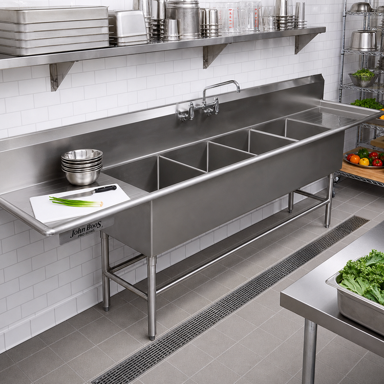 Product image #2 for John Boos Pro-Bowl 4-Compartment Stainless Steel Sink with Left and Right Drainboards, 111-1/4" W x 23-1/2" D
