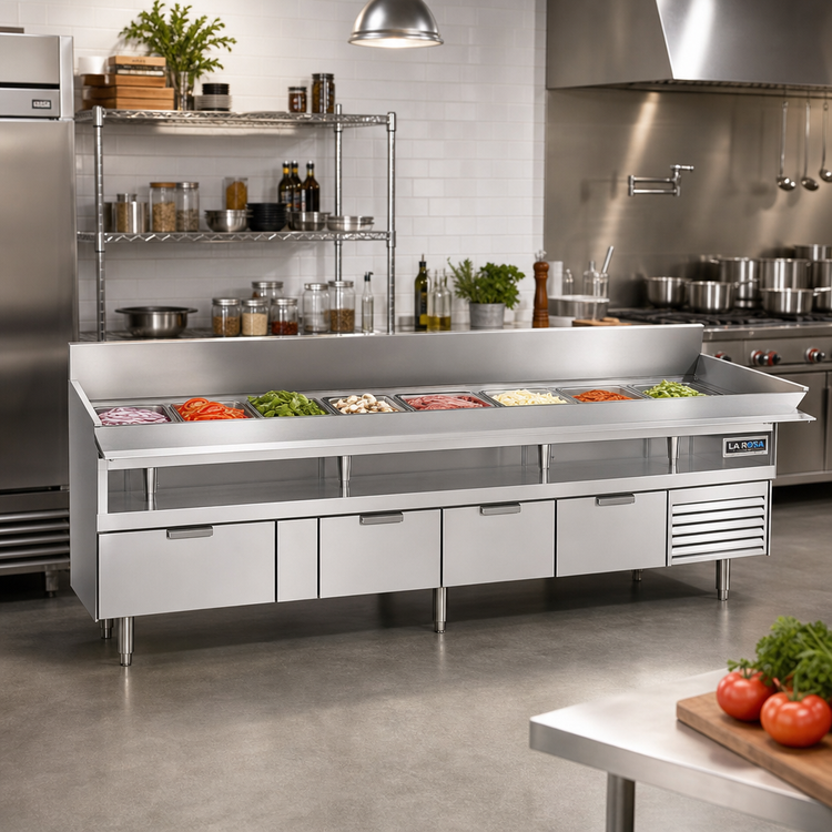 Product image #2 for La Rosa Refrigeration 114-Inch Four-Section Refrigerated Equipment Stand with 4 Drawers, Self-Contained Side-Mounted Refrigeration