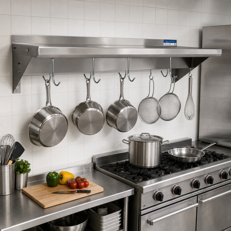 Product image #2 for BK Resources Economy Wall-Mount Stainless Steel Pot Rack Overshelf, 84 x 12 Inches