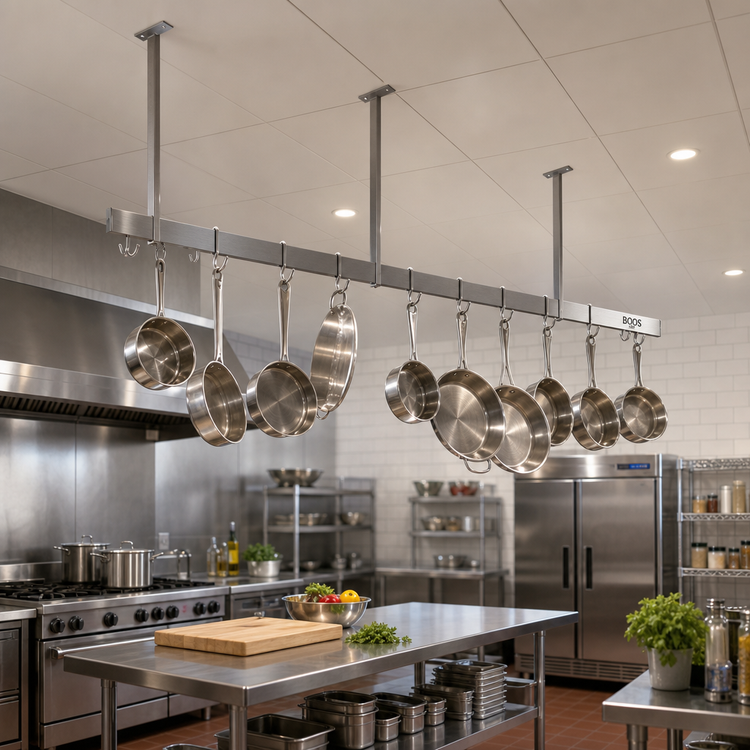 Product image #2 for John Boos Ceiling-Mounted Single-Bar Stainless Steel Pot Rack with 12 Double Hooks, 139-1/4 Inches W x 48 Inches H