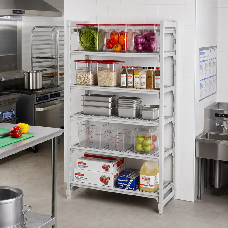 Product image #3 for Cambro Camshelving Premium 30"W x 24"D x 84"H 5-Tier Vented Stationary Polymer Shelving Starter Unit, Speckled Gray