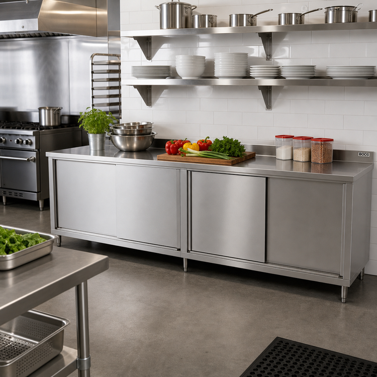 Product image #2 for John Boos 120-Inch x 24-Inch Stainless Steel Enclosed Work Table with Sliding Doors and 1-1/2-Inch Rear Up-Turn